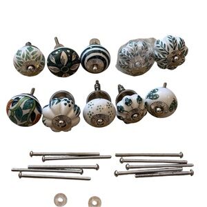 12 Hand-Painted Ceramic Drawer Knobs - White & Green Floral Set
